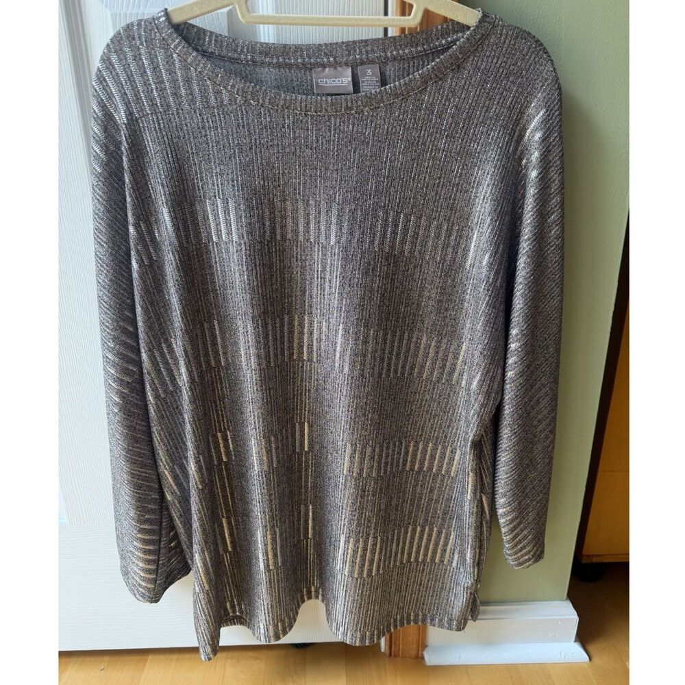 Chicos Size 3 XL 16 Metallic Shimmer Ribbed Knit Tunic Top Bronze Silver Gold